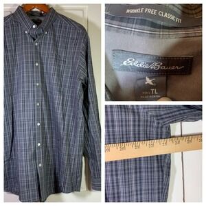 Eddie Bauer Mens Tall TL Grey Plaid Wrinkle Free Classic Fit Shirt Office Travel